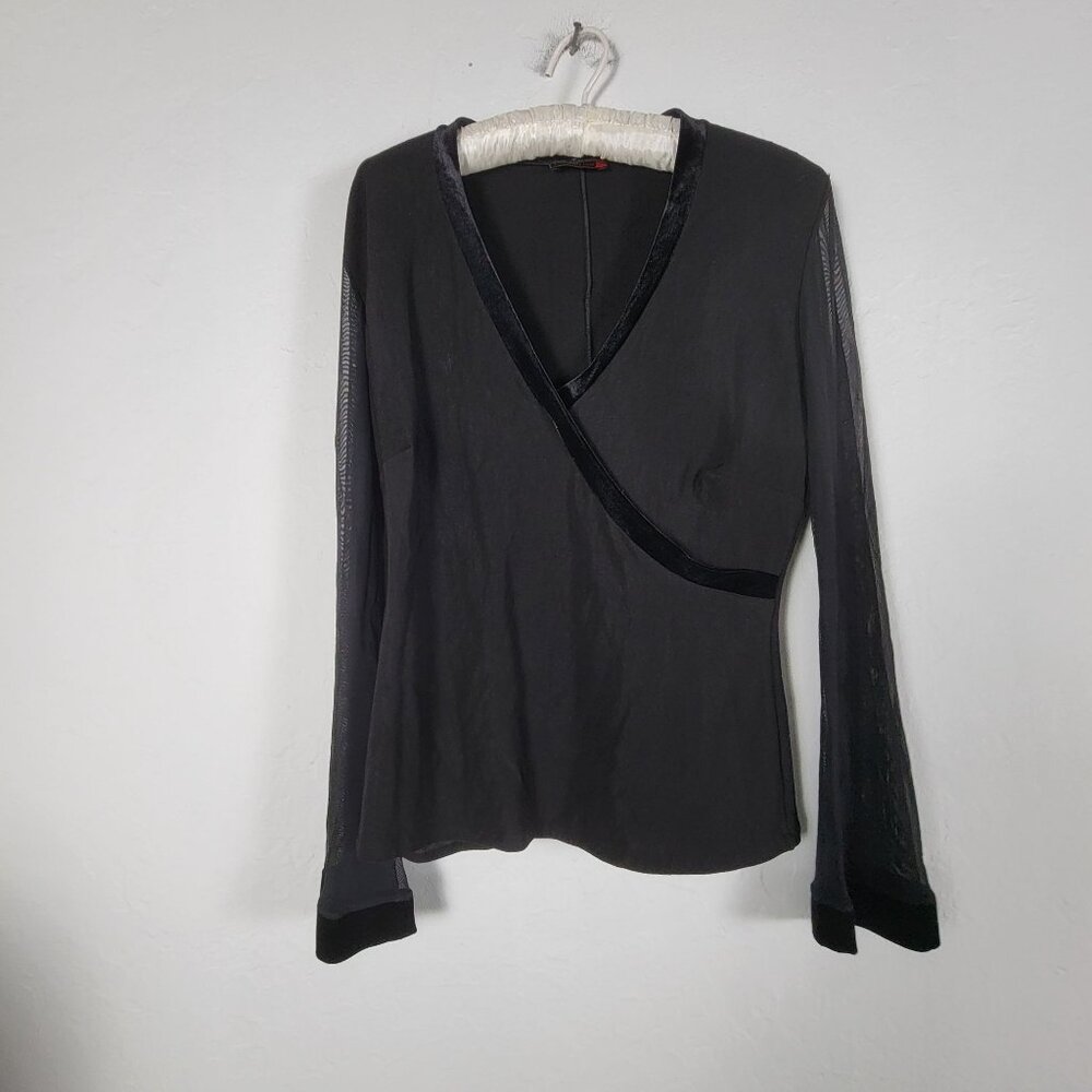 Ronen Chen Womens Black Wrap Top Blouse Mesh Long Sleeves Size 3 Stretch Casual